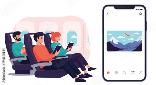 Passengers sit comfortably in airplane seats while a large smartphone displays a flight map showing travel technology.