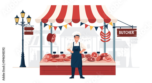 Friendly butcher stands proudly in front of his market stall which is filled with various sausages and cuts of fresh meat.