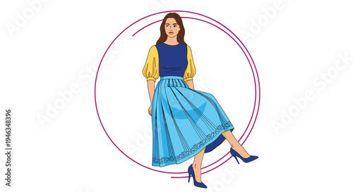 Elegant fashion illustration of a woman wearing a blue midi skirt and yellow blouse sitting against a minimalist frame.