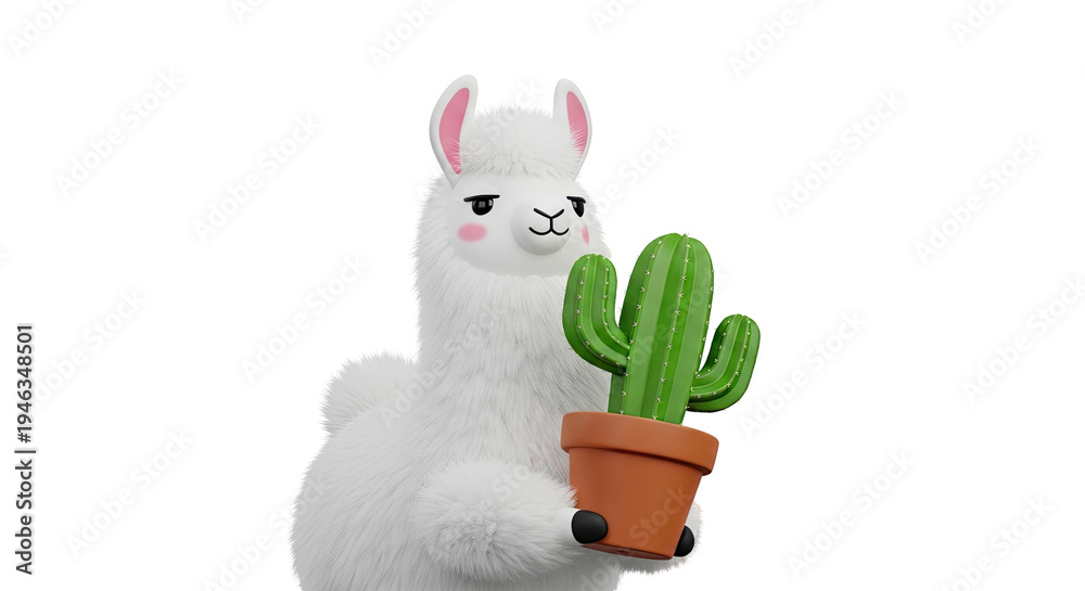 Fototapeta premium Cartoon Llama Holding a Potted Cactus