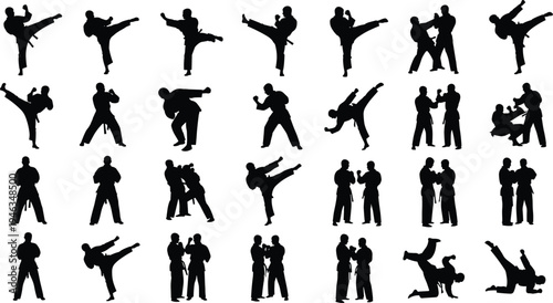 Karate and martial arts silhouettes collection, fighting and training poses set, flat vector illustration isolated on white background