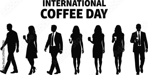 International Coffee Day celebration banner with business people silhouettes holding takeaway cups, black flat vector illustration isolated on white background