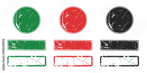 Grunge Stamped Circles And Rectangles In Green Red And Black On White vector illustration