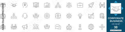 Corporate business line icon set featuring management, company, professional, culture, enterprise, leadership, and organization. editable vector