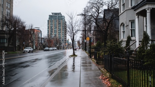 Urban street view on a rainy day with reflections on wet pavement and bare trees in a city landscape