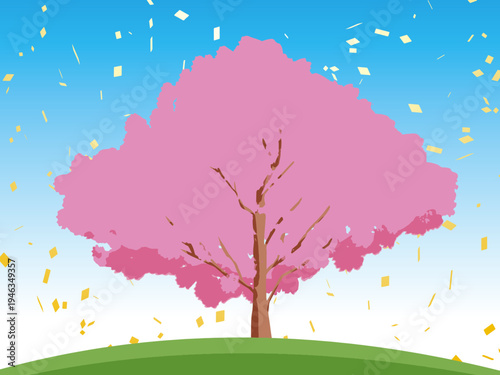 桜, 春, 木, 風景, 自然, 空, 草, ベクター, イラスト, 雲, サマータイム, とぶ, 公園, 森