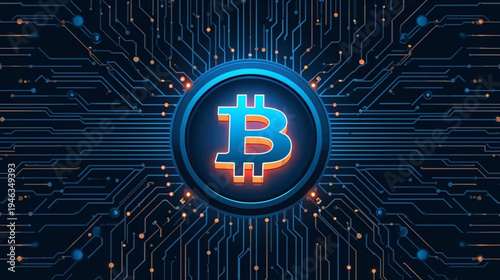 a glowing Bitcoin symbol embedded in a high-tech circuit board vector illustration