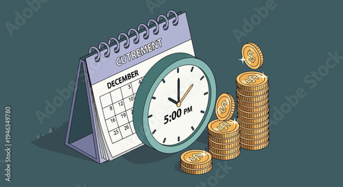 Clock with calendar and gold coins.