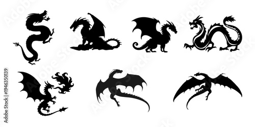 Set of fantasy dragon silhouettes in different flying and fire breathing poses for mythology, game and fantasy artwork.