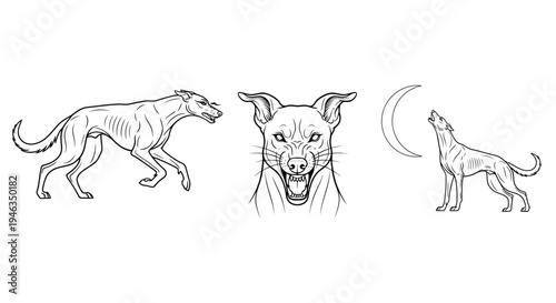 Dog Line Art Set Running Grinning and Howling Under the Moon
