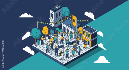 People standing on a square platform.