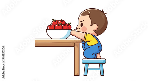 Toddler eating strawberries from bowl.