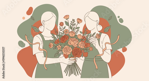 Two women holding bouquet flowers together.