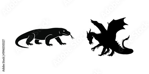 Realistic Komodo dragon silhouette showing crawling reptile posture ideal for wildlife and reptile themed graphics.