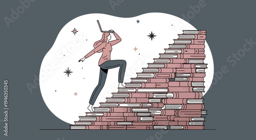 Woman climbing stairs to success dream.