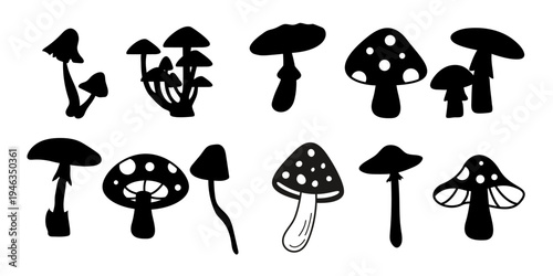 Mushroom Silhouette Collection Forest Fungus Vector Illustration Set