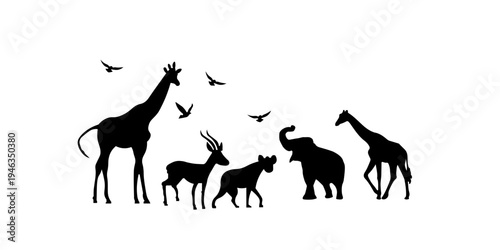 Wild safari animal silhouettes including giraffe, elephant, lion and antelope with flying birds for wildlife and nature graphics.