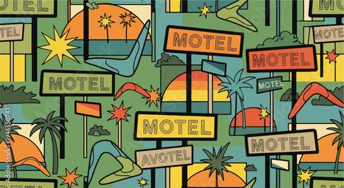Retro Mid-Century Modern Seamless Pattern with Vintage Motel Signs, Palm Trees, and Atomic Starbursts - 1950s/1960s Americana Road Trip Design Background.