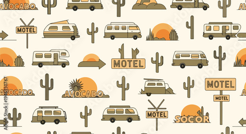 Vintage-style seamless pattern with retro RVs, camper vans, desert cacti, motel signs, and sunset landscapes, ideal for travel and adventure themes.