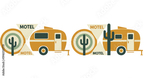 Retro desert motel travel illustration featuring a vintage caravan and saguaro cactus, evoking a classic road trip adventure in a stylized graphic design.