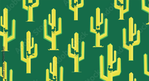 Vibrant green background with repeating yellow cactus pattern and small desert animals, perfect for graphic design and textiles.