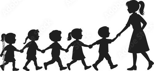 Teacher leading children silhouettes, kids walking in line with teacher, school students group vector icons, education black silhouette illustration