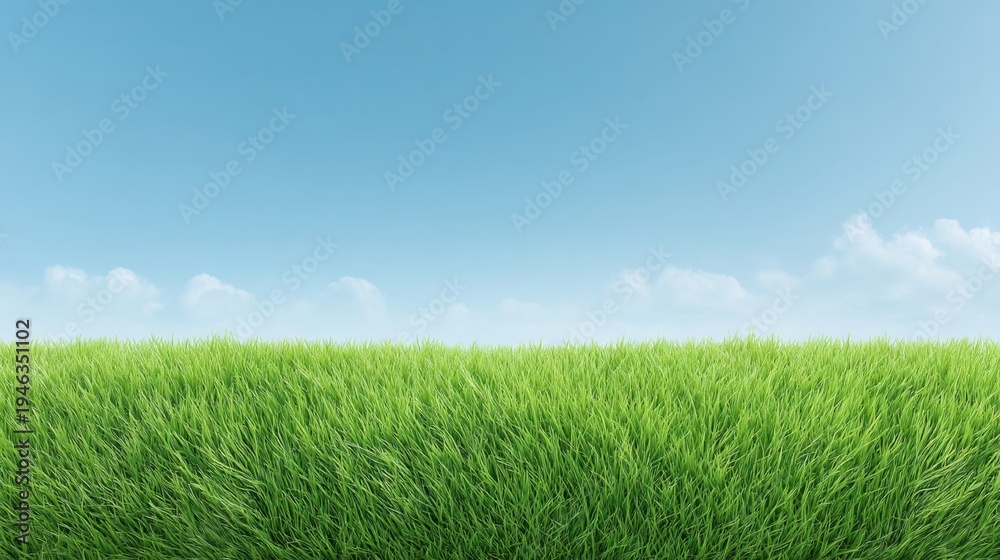 Fototapeta premium Vibrant Green Grass Under Clear Blue Sky with Soft White Clouds in a Bright and Sunny Day Landscape