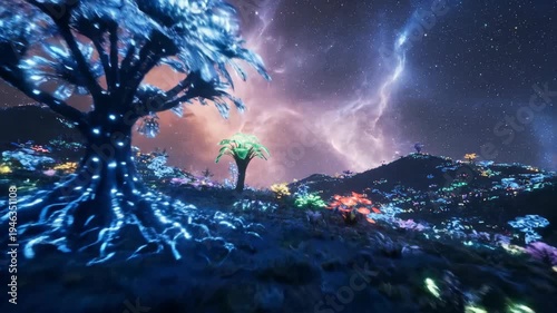 Fantasy landscape with colorful trees under a starry night sky and night sky. Beautiful magical scenery concept, trees and celestial patterns.