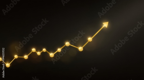 Abstract financial growth illustration with glowing gold arrow on dark background depicting upward trend and success