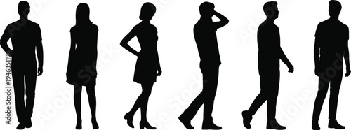 Walking people silhouettes collection, men and women walking poses set, casual human characters vector icons, black person silhouette illustration