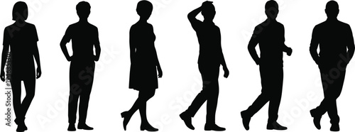Walking people silhouettes set, men and women walking poses collection, casual human characters vector icons, black walking person illustration