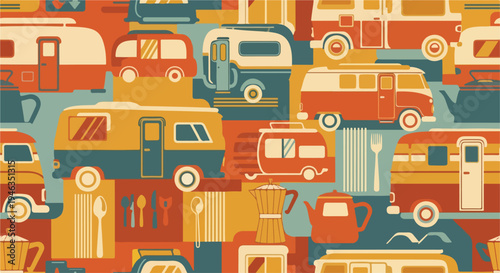 Retro Camper Van Pattern: Vintage Caravans and Camping Gear in a Colorful, Stylized Design