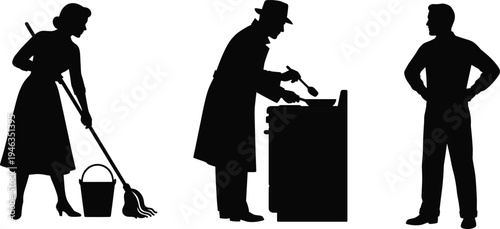 Vintage household activity silhouettes showing woman cleaning floor, man cooking at stove and standing male figure retro lifestyle illustration
