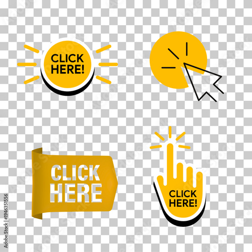 Click here button icons with cursor pointer for web interface and call-to-action design