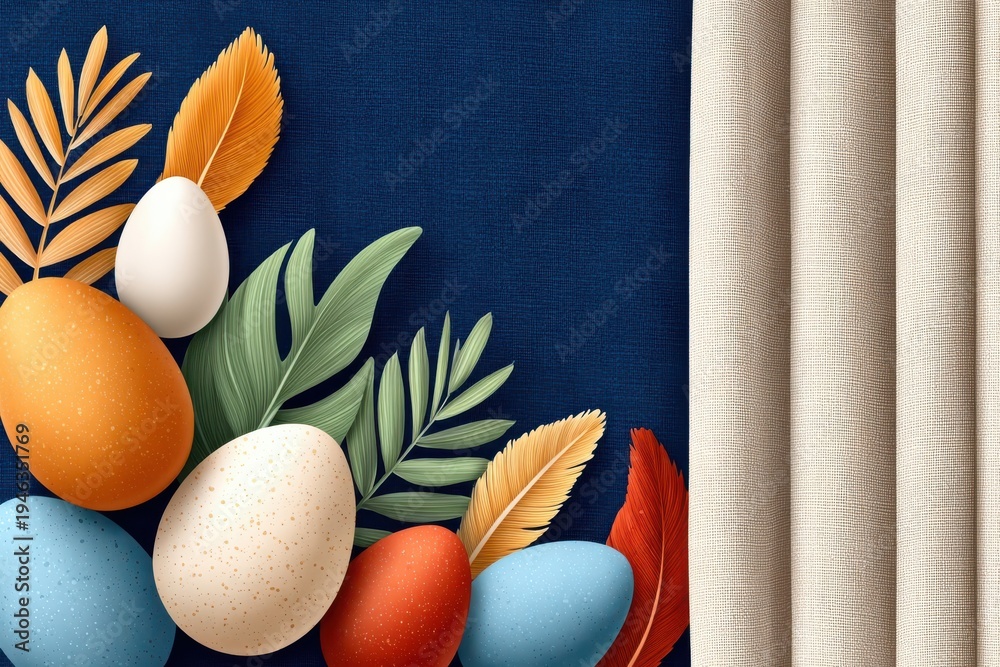 Obraz premium Easter eggs and colorful feathers on a dark blue textured background with a fabric curtain