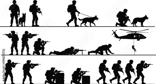 Military special forces soldiers silhouettes set with tactical operations, K9 unit patrol, helicopter rappelling, combat positions isolated vector collection illustration