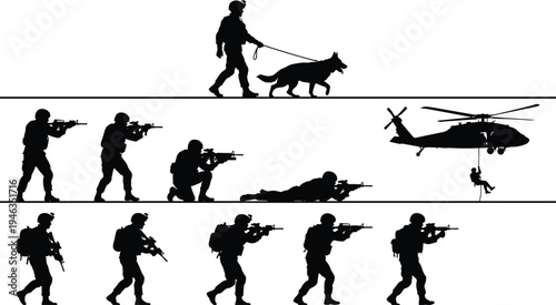 Military special forces soldiers silhouettes set with tactical combat positions, K9 patrol unit, helicopter rappelling mission isolated vector illustration