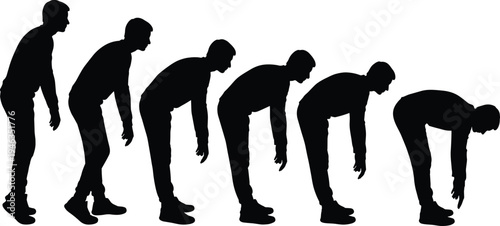 Man forward bending stretch exercise sequence silhouettes showing flexibility training warm up routine isolated fitness workout illustration