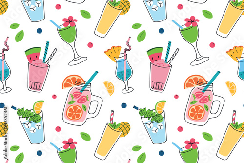 Summer drinks seamless pattern with bright cocktails, lemonades with pineapple, lemon, grapefruit, watermelon and mango smoothie, tropical mocktails with berries and fruits. Fresh vector illustration
