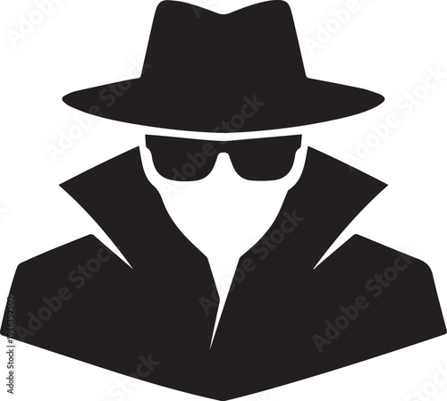 Mysterious figure wearing a fedora and sunglasses with a hooded cloak silhouette Vector