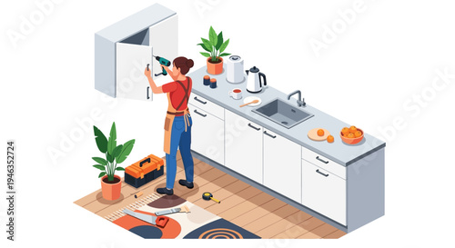 Isometric Vector Illustration of a Woman Repairing and Installing Kitchen Cabinets with Tools