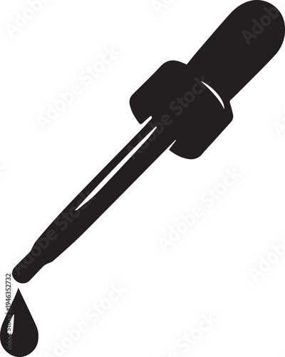 A black and white dropper bottle with a single liquid droplet falling from its tip Vector