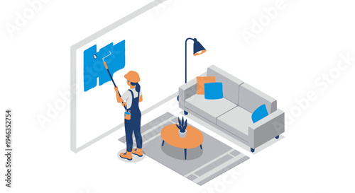 Isometric Illustration of a Professional Female Painter Painting a Living Room Wall Blue