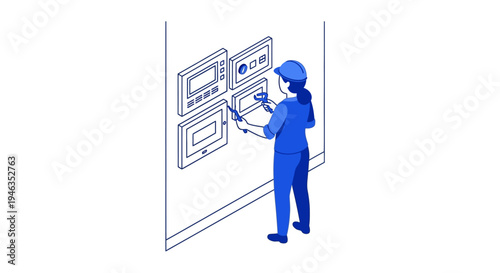 Isometric Female Technician Repairing Industrial Control Panel, Professional Electrician at Work Maintenance Vector Illustration