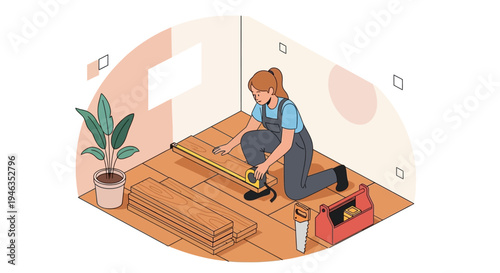 Female Carpenter Installing Wooden Laminate Flooring During Home Renovation Project Illustration