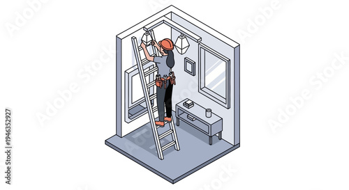 Female Electrician on Ladder Installing Modern Light Fixture Isometric Illustration. Professional Woman Technician Performing Home Electrical Maintenance and Renovation Service.