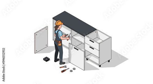 Female Carpenter Assembling Modern Kitchen Cabinet Unit, Professional Handwoman Installing Modular Furniture with Tools, Isometric Vector Illustration
