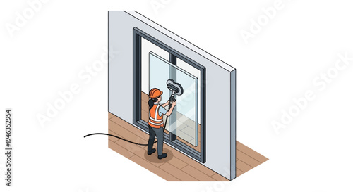 Female Glazier Installing Glass Window with Vacuum Lifter, Isometric Professional Construction and Home Renovation Vector Illustration