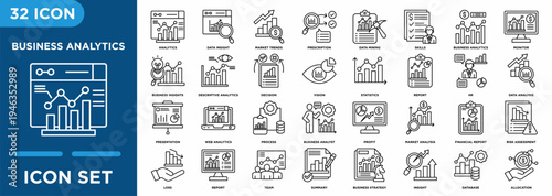 Business analytics line icon set featuring data analysis, statistics, reporting, dashboard monitoring, business intelligence, market analysis, financial reporting, and strategic insights.
