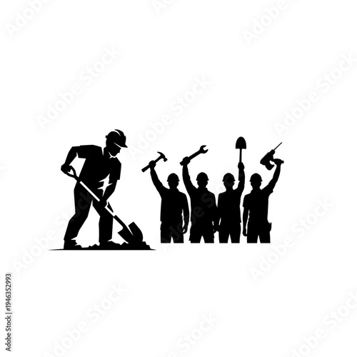 Labor Worker With Raised Fists Crowd Silhouette Protest Vector